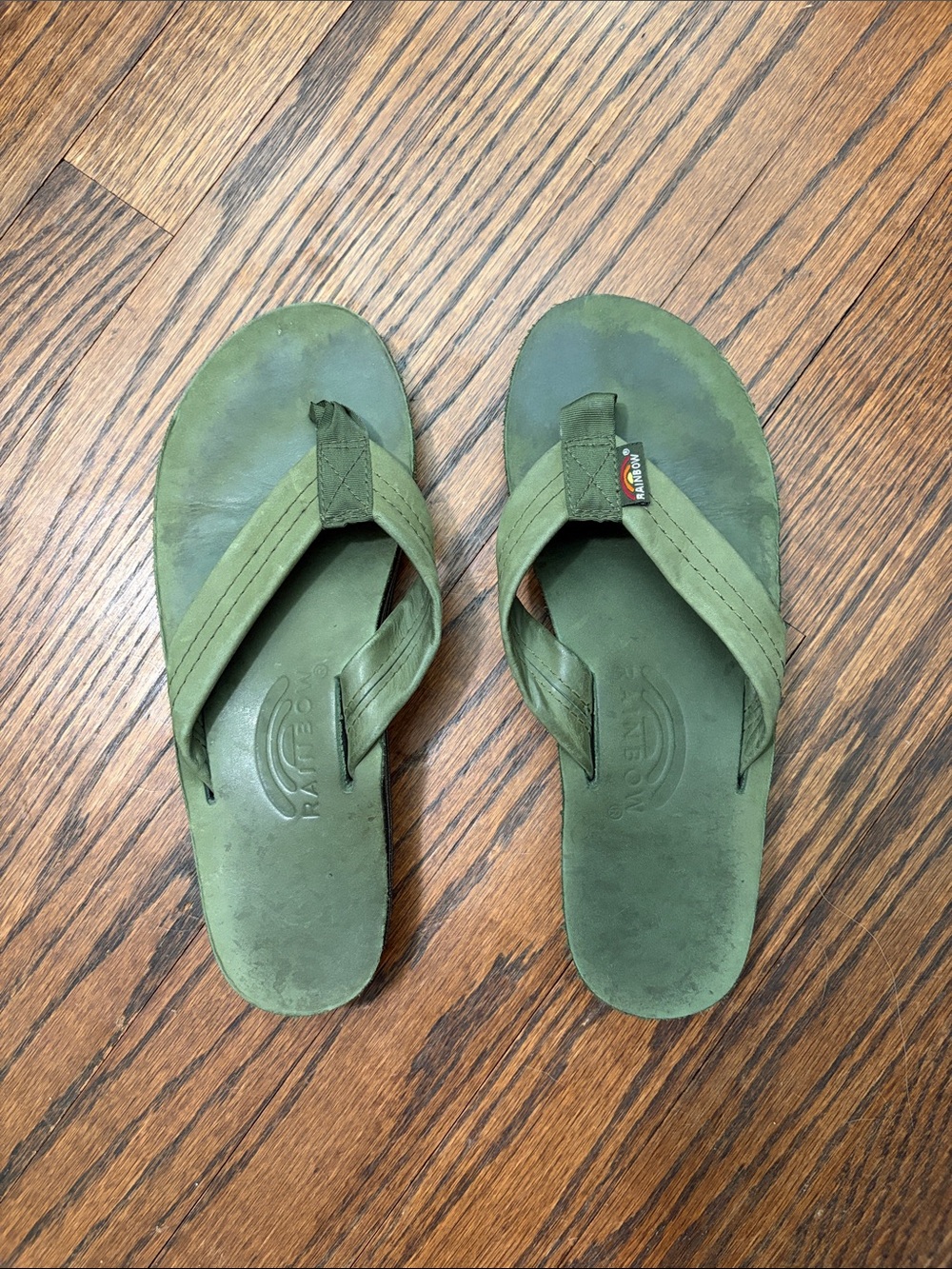 Rainbow womens Olive Green Leather Flip Flops.